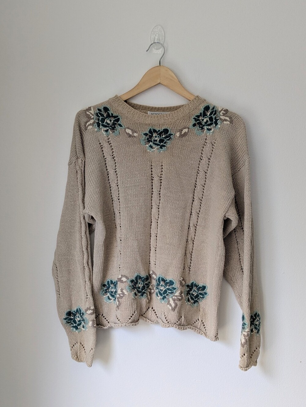 Vintage 90s Grandma Floral Sweater L Cottagecore Floral Embroidery Cotton Raimie